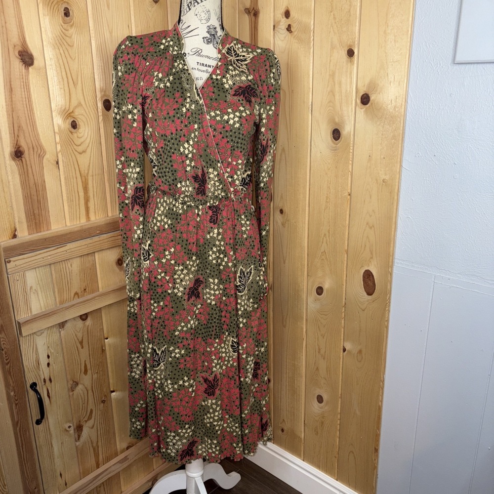 VINTAGE 70s Midi Dress Medium Fall Leaves Slinky Pockets Virginie Paris‎